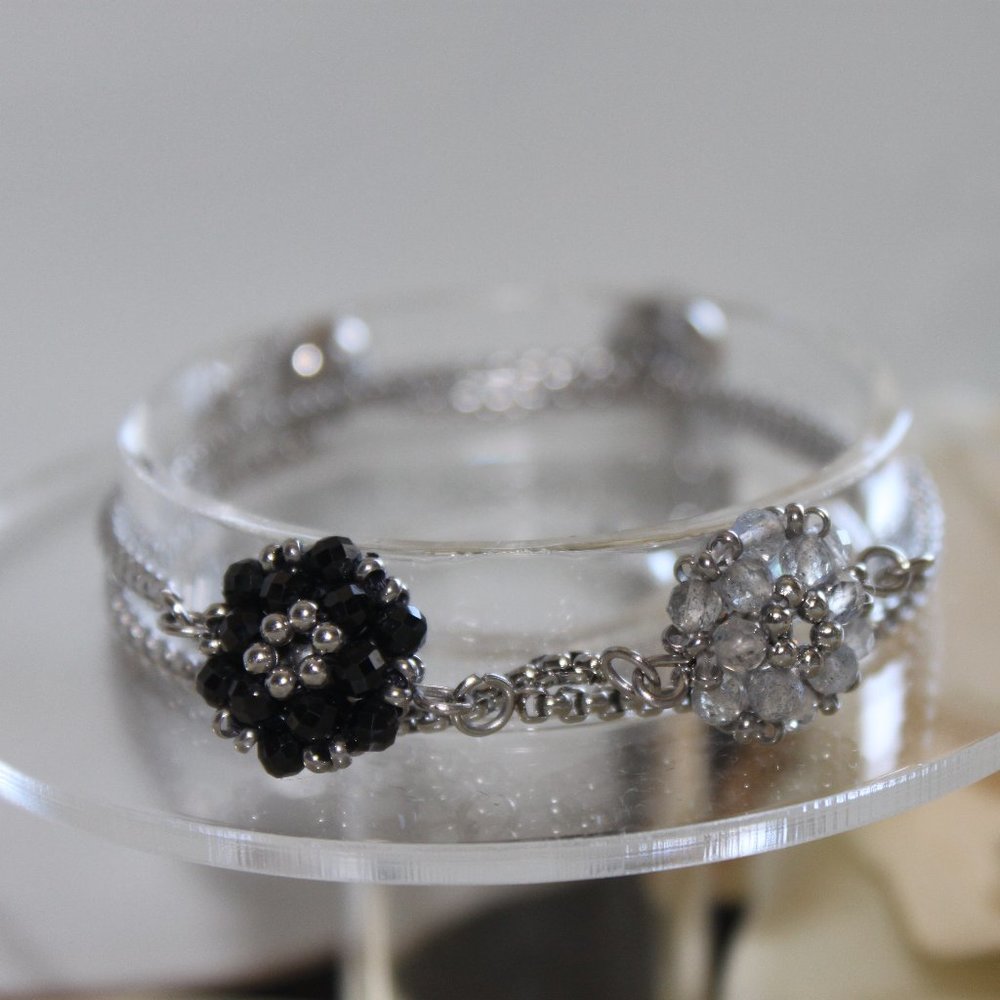 Adjustable Gemstone and Stainless Steel Bracelets, Black Spinel or Labradorite